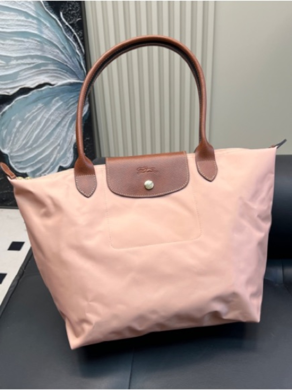 Longchamp Pink Tote with Brown Leather Trim